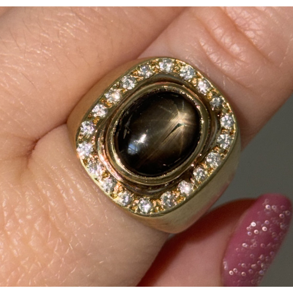 Vintage 14K Yellow Gold West Germany Smoky Cabochon Diamond Chunky Ring Sz 7.25